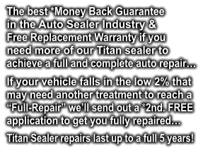 The best *Money Back Guarantee in the Auto Sealer Industry & Free Replacement Warranty if you need more of our Titan sealer to  achieve a full and complete auto repair…  If your vehicle falls in the low 2% that  may need another treatment to reach a  “Full-Repair” we’ll send out a *2nd. FREE  application to get you fully repaired…  Titan Sealer repairs last up to a full 5 years!